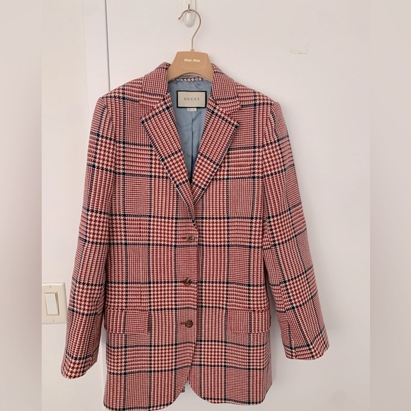 Gucci women Prince of wales red blue plaid wool blend checkered blazer jacket - Picture 8 of 15